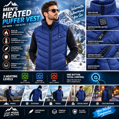 Men's Heated Quilted Puffer Vest – Lightweight Sleeveless Winter Bodywarmer with High Collar, Full-Zip Closure, Padded Design and Built-In Heating Control for Outdoor, Travel & Cold Weather Wear