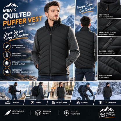 Men's Lightweight Quilted Puffer Vest with High Collar – Black Sleeveless Zip-Up Winter Bodywarmer for Casual Outdoor, Travel and Cold Weather Wear