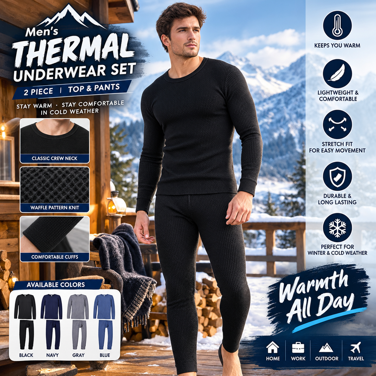 Men’s Thermal Underwear Set 2 Piece – Waffle Pattern Long Sleeve Top & Pants, Warm Base Layer for Cold Weather, Comfortable Stretch Fit for Winter, Home, Work & Outdoor Wear