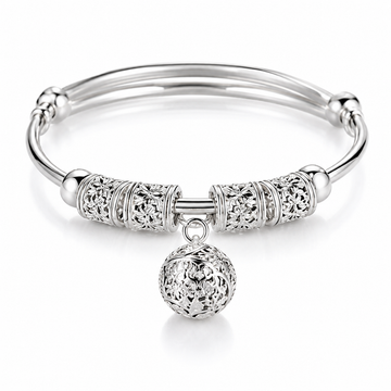 Elegant Silver-Tone Bangle Bracelet with Floral Engraved Design & Round Dangle Charm – Stylish Fashion Jewelry for Women