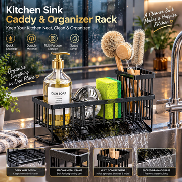 Sink Caddy Sponge Holder with Brush Holder Stainless Steel Self Drain Tray