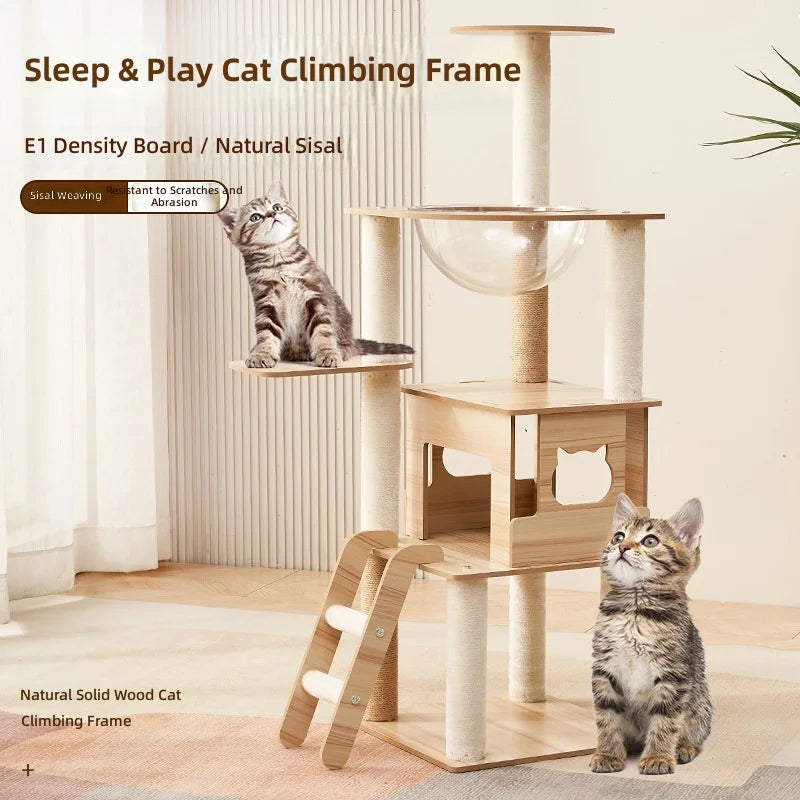 Cat Tree with Space Capsule, Climbing Frame, Pet Ladder, Bed, Wooden Tower, Jump Platform, Multi-Level Cat House
