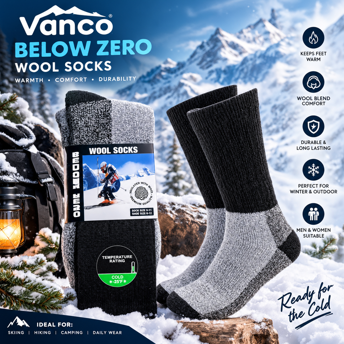 Vanco Below Zero Wool Socks for Men & Women – Warm Thermal Winter Socks for Cold Weather, Skiing, Outdoor Activities & Everyday Use