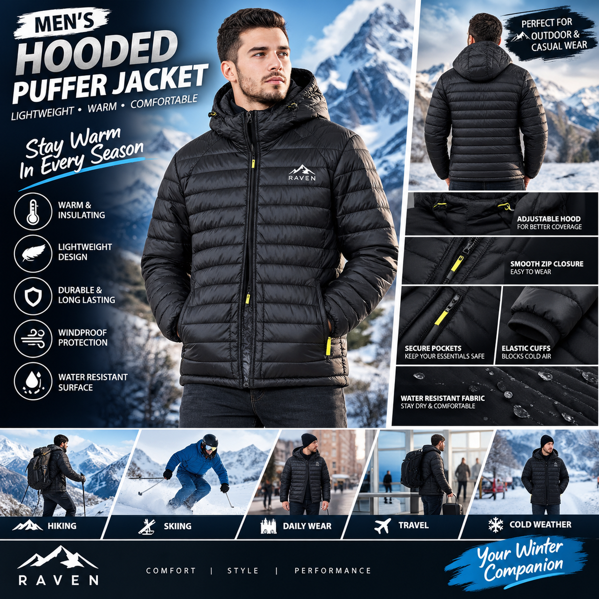 Men's Hooded Quilted Puffer Jacket – Lightweight Winter Zip-Up Coat with Long Sleeves, Front Pockets and Casual Outdoor Cold-Weather Design