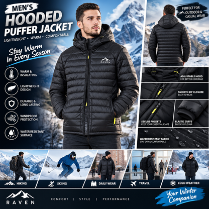 Men's Hooded Quilted Puffer Jacket – Lightweight Winter Zip-Up Coat with Long Sleeves, Front Pockets and Casual Outdoor Cold-Weather Design