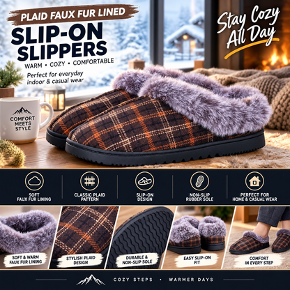 Plaid Faux Fur Lined Slip-On Slippers for Men & Women – Warm Cozy Indoor House Shoes with Non-Slip Rubber Sole, Comfortable Winter Casual Footwear
